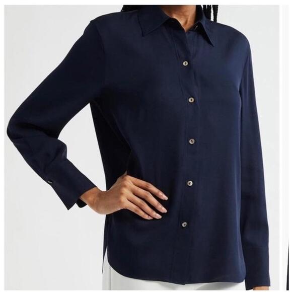 Vince. Stretch-Silk Button-Front Blouse Navy coastal blue Top / Blouse Size S - Picture 2 of 9